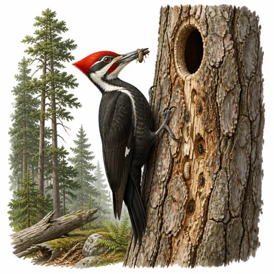 A woodpecker in a forest feeding on insects near its nest hole.