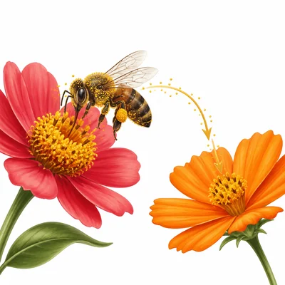 A bee collecting nectar and carrying pollen between flowers.