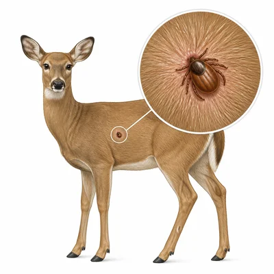 A tick attached to a deer, shown with a magnified inset.