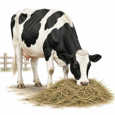 Cow eating hay made from dried grass.