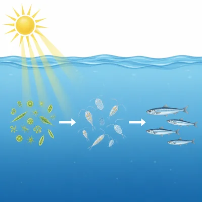 Ocean energy flow from phytoplankton to zooplankton to small fish.