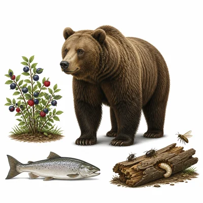 Bear with berries, fish, and insects as food sources.