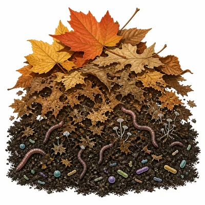 Earthworms and microbes breaking down autumn leaves into soil.