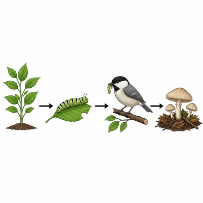 Four-part food chain with plant, caterpillar, bird, and mushrooms.