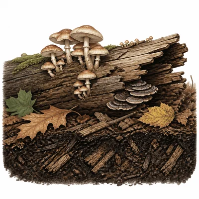 Mushrooms decomposing a fallen log.