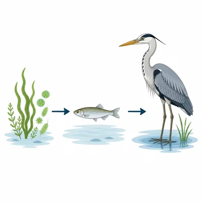 Food chain showing algae, small fish, and heron.