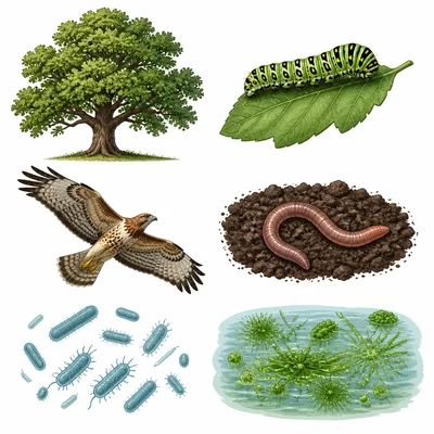 Oak tree, caterpillar, hawk, earthworm, bacteria, and pond algae.