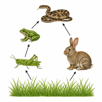 Food web with grass, grasshoppers, rabbits, frogs, and snakes.