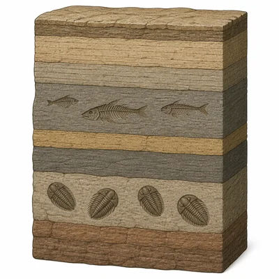 Rock layers showing trilobite fossils below early fish fossils.