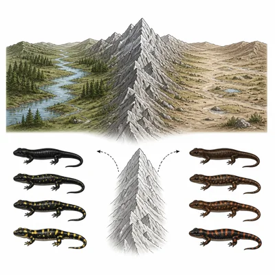 Salamander populations separated by a mountain range diverge over time.