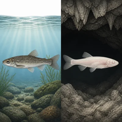 Surface fish compared with pale cave fish that has reduced eyes.