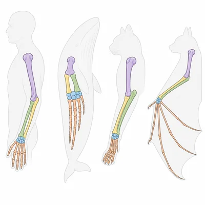 Comparison of homologous forelimb bones in a human, whale, cat, and bat.