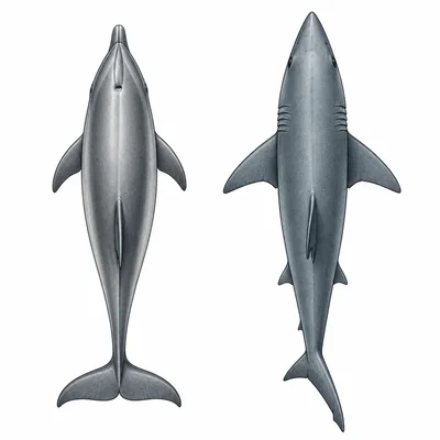 Dolphin and shark with similar streamlined body shapes and fins.