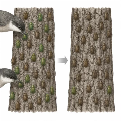 Bird predation causes brown beetles to become more common than green beetles over generations.