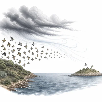 A few birds from a larger mainland population are blown by a storm to an island.