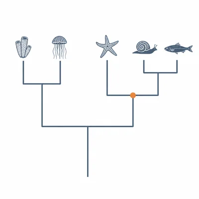 A phylogenetic tree with a highlighted node and organism silhouettes at the branch tips.