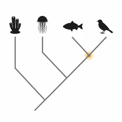 A four-species tree with one earliest branch, one later branch, and two species sharing the most recent node.