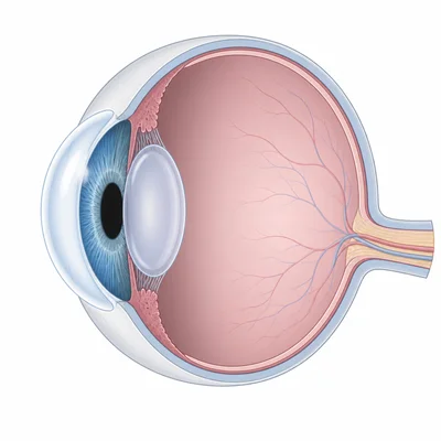 Side cross-section of an eye showing cornea, iris, pupil, lens, retina, and optic nerve.