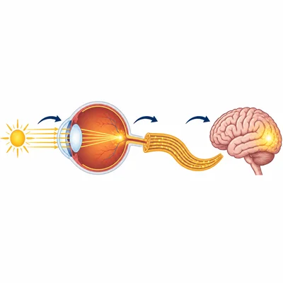 Sequence of vision: light enters the eye, is focused, detected by the retina, sent by the optic nerve, and received by the brain.
