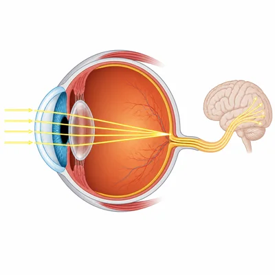 Light rays enter the eye, focus on the retina, and signals travel through the optic nerve to the brain.