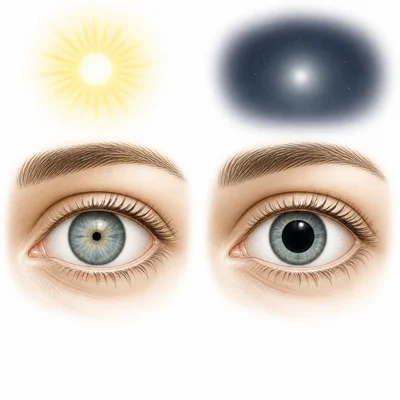 Two eyes showing a small pupil in bright light and a large pupil in dim light.