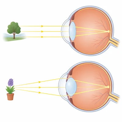 Two eye diagrams show the lens changing shape to focus light from far and near objects.