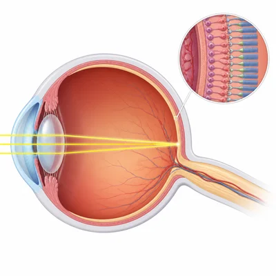 Close-up of the retina lining the back of the eye where light rays are detected.