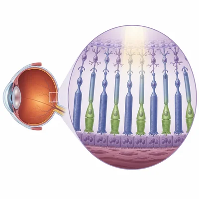 Magnified retina patch showing rod-shaped and cone-shaped photoreceptor cells.