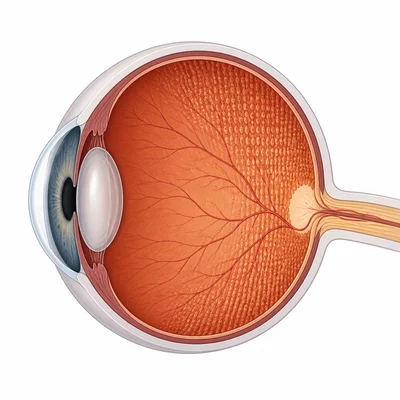 Eye cross-section showing the optic nerve exit area where there are no photoreceptors, forming a blind spot.