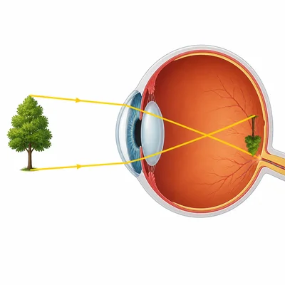 Light rays cross through the lens and form an upside-down image on the retina.