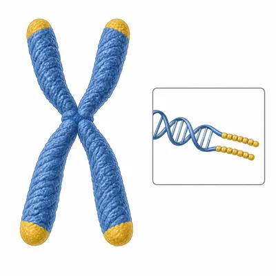 A chromosome with highlighted telomere caps at its ends.