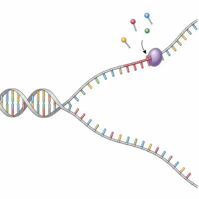 Primase adding a short primer to a DNA template strand.