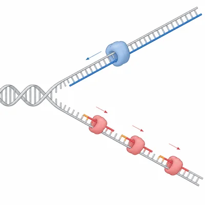 Leading and lagging strand synthesis at a DNA replication fork.