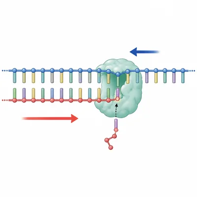 DNA polymerase adding nucleotides to only one end of a growing DNA strand.