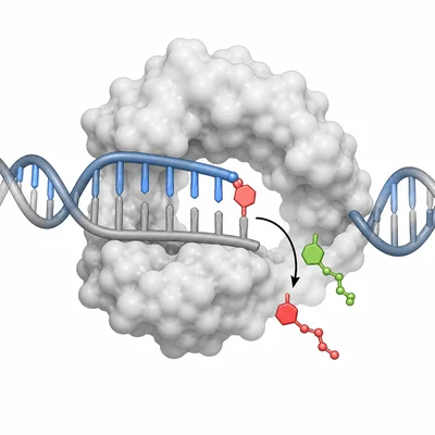 DNA polymerase proofreading by removing an incorrectly paired nucleotide.