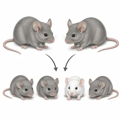 Two gray parent mice with a litter that includes a white baby mouse.