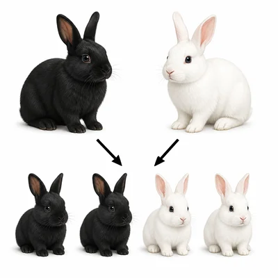 Black and white parent rabbits with offspring showing two black rabbits and two white rabbits.