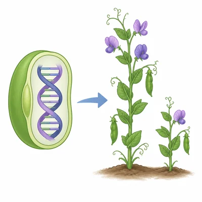 DNA inside a seed leading to visible pea plant height differences.