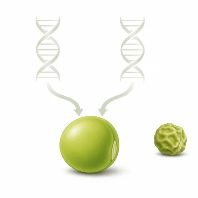 A smooth seed connected to two possible hidden genetic pathways, with a wrinkled seed shown for contrast.