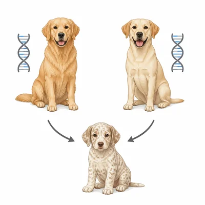 Two parent dogs pass hidden genetic information to a puppy with a recessive coat pattern.