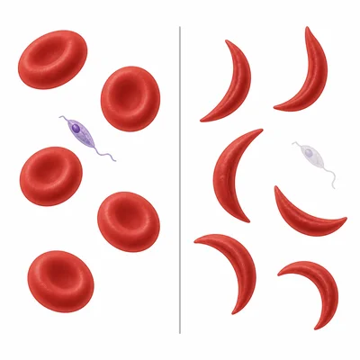 Normal red blood cells and sickled red blood cells are shown with malaria parasite shapes.