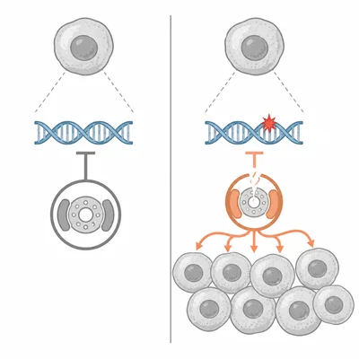 A mutated tumor suppressor pathway is shown with uncontrolled cell multiplication.