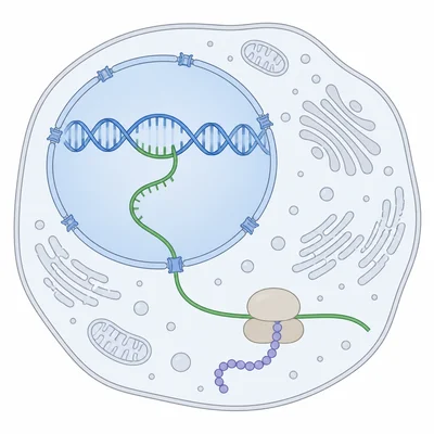 Transcription shown in the nucleus and translation shown at a ribosome in the cytoplasm.