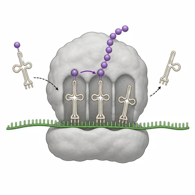 Ribosome with three tRNA positions showing entry, peptide growth, and exit.