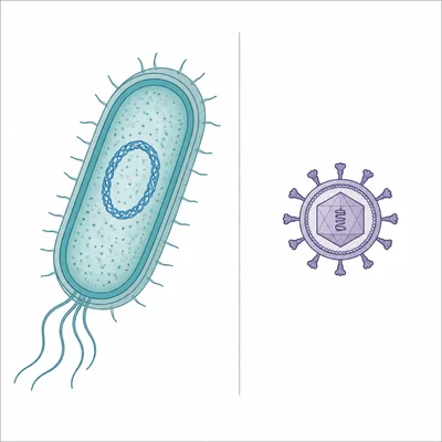 Side-by-side diagram of a bacterium cell and a smaller virus particle showing their different structures.
