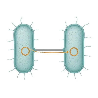 Diagram of two bacteria connected by a pilus transferring a plasmid from one cell to another.
