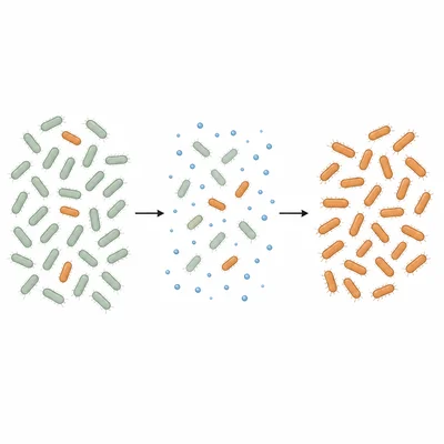 Diagram showing antibiotic treatment killing susceptible bacteria while resistant bacteria survive and multiply.