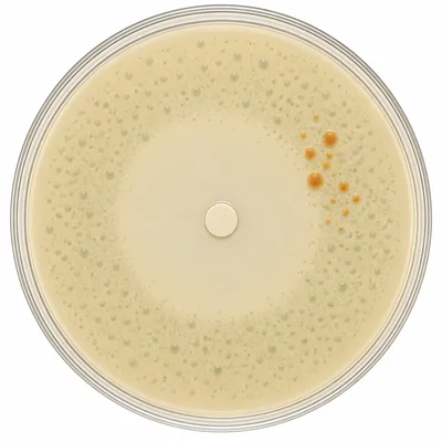 Petri dish diagram showing a few bacterial colonies surviving after antibiotic treatment.