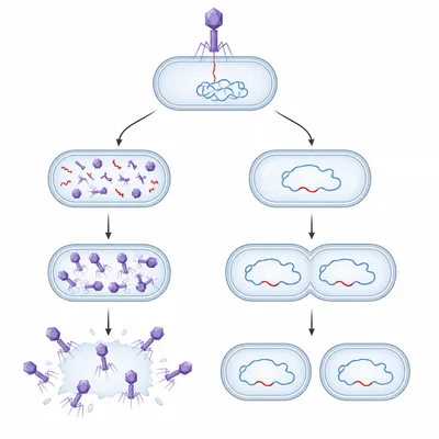Diagram comparing lytic viral reproduction with cell bursting and lysogenic reproduction with viral DNA integrated into dividing cells.