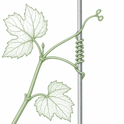 A vine tendril wraps in spirals around a fence support.
